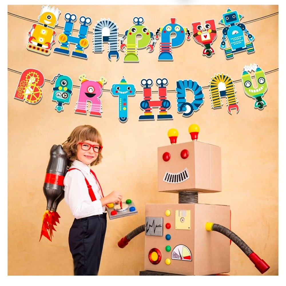 Robot Happy Birthday Party Banner ,Robots Happy Birthday Banner Cartoon Birthday